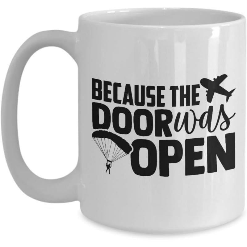 Tailorly White Ceramic 11 oz Mug - Because The Door Was Open Minimalist Black Silhouettes Of An Airplane And A Parachutist