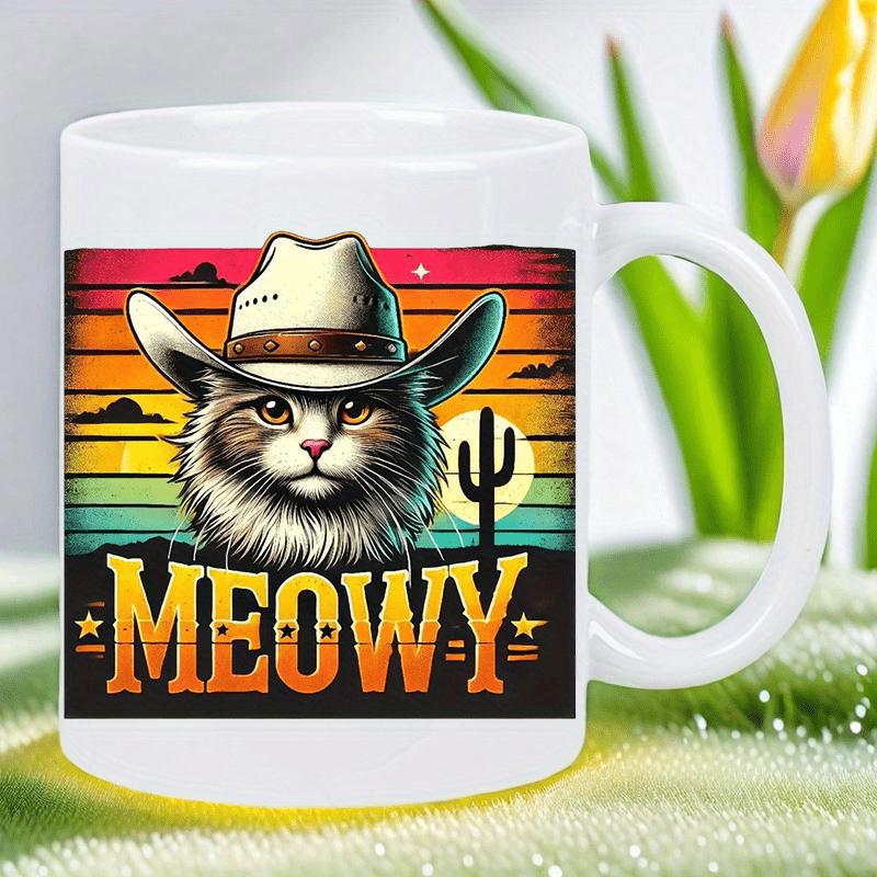 Tailorly White Ceramic 11 oz Mug - Meowy Retro Sunset Background Wearing White Cowboy Hat Desert Scenery Cat