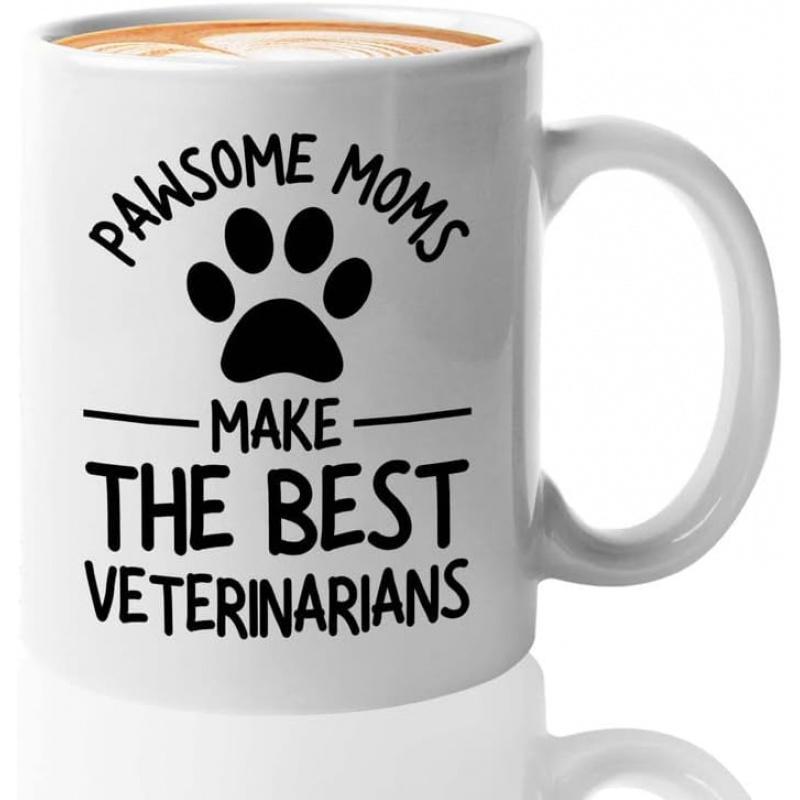 Tailorly White Ceramic 11 oz Mug - Pawsome Moms Make The Best Veterinarians Minimalist Black Ink Paw Print Centered On Sleek Ceramic