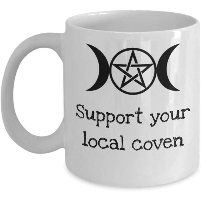 Tailorly White Ceramic 11 oz Mug - Support Your Local Coven Mystical Triple Moon Symbol With Star And Crescent Lunar Pentagram