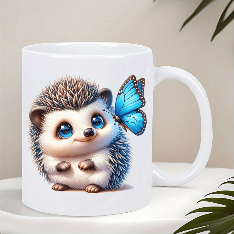 Tailorly White Ceramic 11 oz Mug - Adorable Small Creature Interacting With A Bright Radiant Blue Winged Butterfly Hedgehog