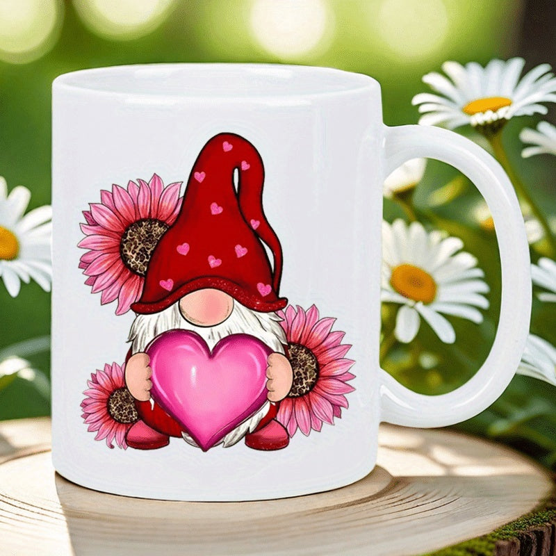 Tailorly White Ceramic 11 oz Mug - Adorable Garden Gnome Holding A Pink Heart Among Blooming Flowers Gnome