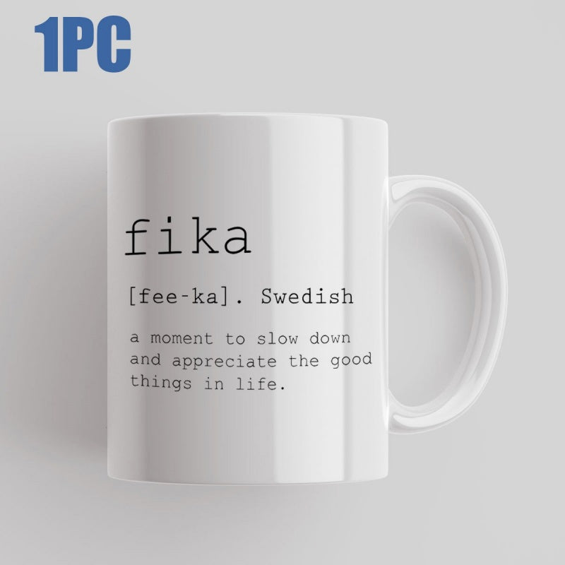 Tailorly White Ceramic 11 oz Mug - Fika Swedish A Moment To Slow Down And Appreciate The Good Things In Life Minimalist Clean Featuring Black Typography Mug