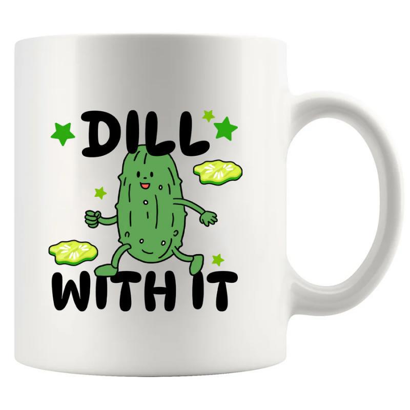 Tailorly White Ceramic 11 oz Mug - Dill With It Cartoon Green Vegetable Character Walking Among Bright Stars And Glowing Clouds Pickle