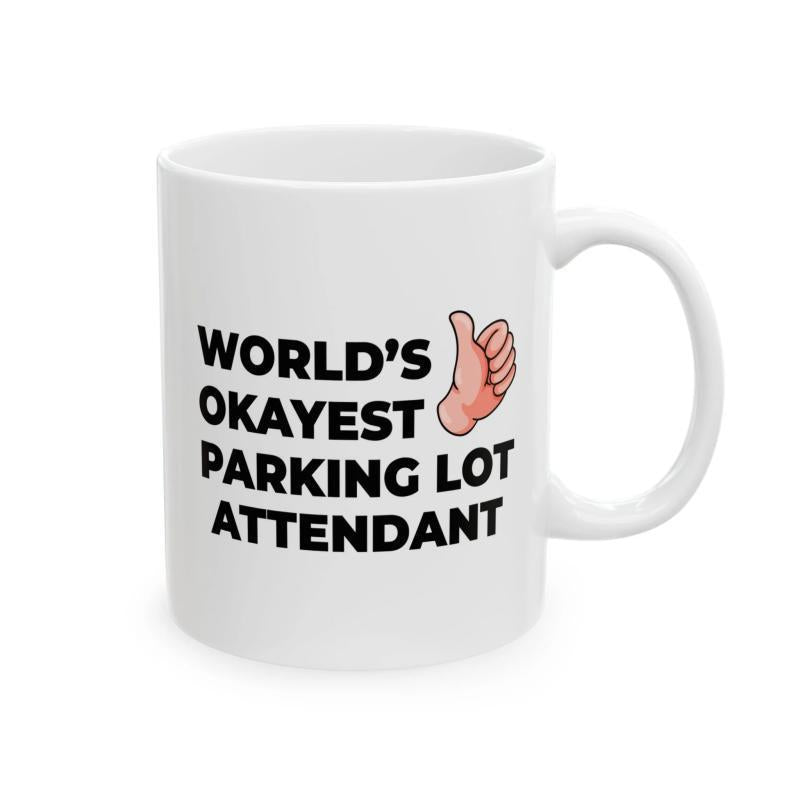 Tailorly White Ceramic 11 oz Mug - Worlds Okayest Parking Lot Attendant Simplified Cartoon Style Illustration Giving A Positive Enthusiastic Thumbs Up Hand