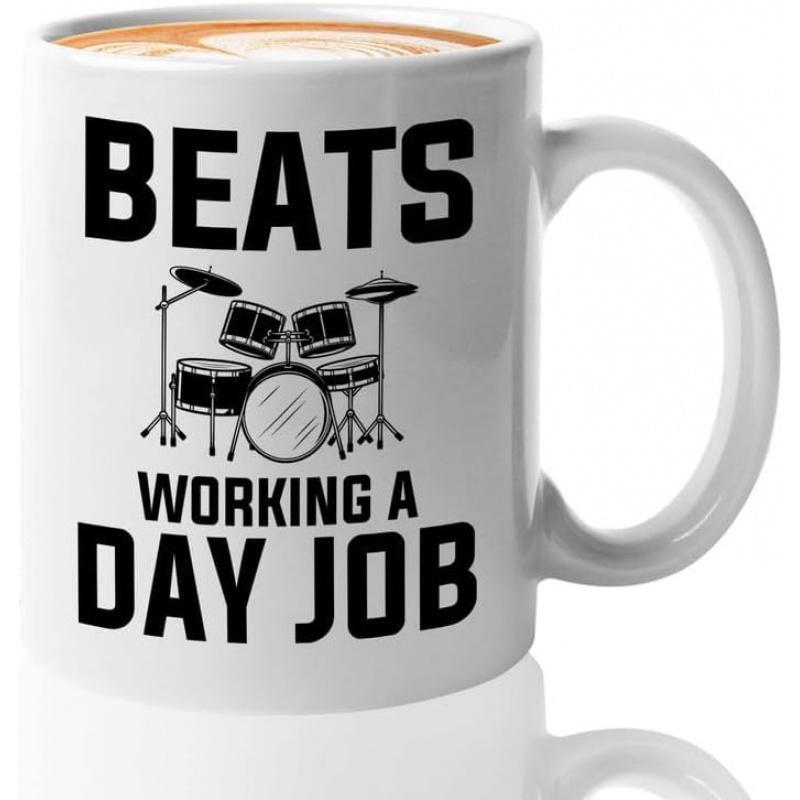 Tailorly White Ceramic 11 oz Mug - Beats Working A Day Job Classical Silhouette Of A Professional Musical Instrument Performance Drumkit
