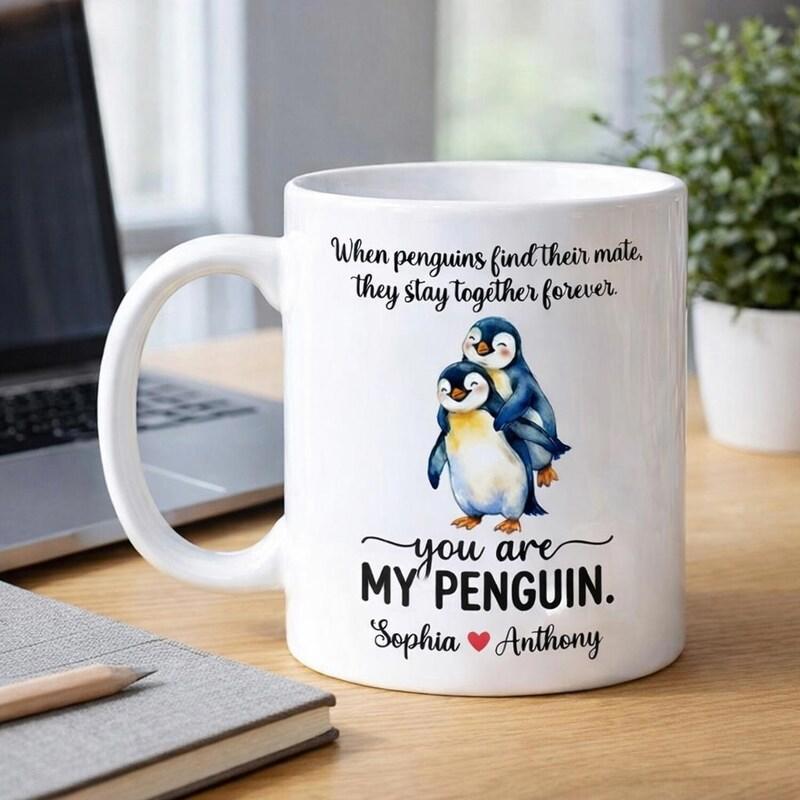 Tailorly White Ceramic 11 oz Mug - When Penguins Find Their Mate They Stay Together Forever You Are My Penguin Sophia Anthony Cute Watercolor Style Pair Standing