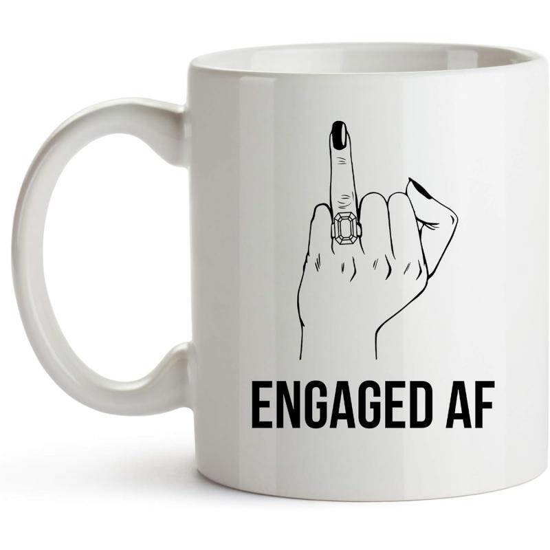 Tailorly White Ceramic 11 oz Mug - Engaged AF Minimalist Black Line Drawing Featuring Hand With Sparkling Diamond Ring Hand