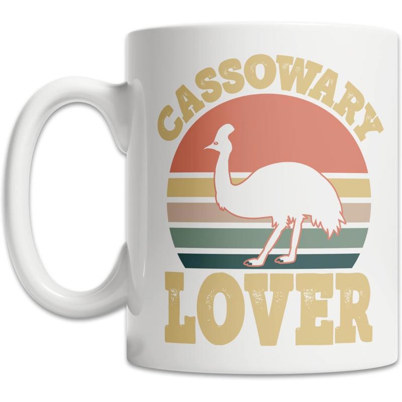Tailorly White Ceramic 11 oz Mug - Cassowary Lover Vintage Retro Striped Sunset Background Featuring A Standing Majestic Silhouette Cassowary