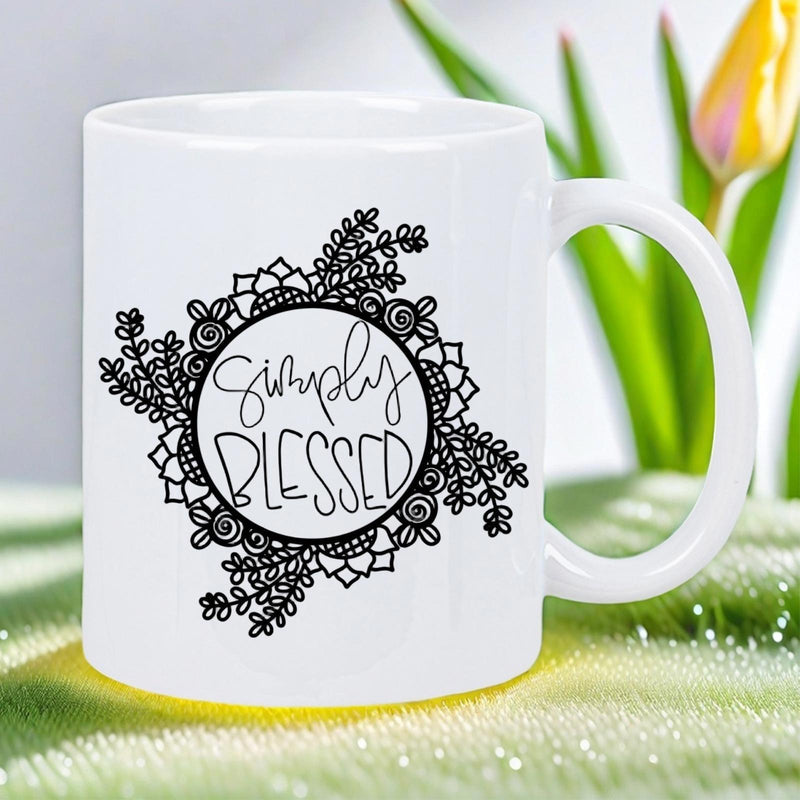 Tailorly White Ceramic 11 oz Mug - Simply Blessed Ornate Circular Wreath Featuring Succulents And Artistic Line Art Flowers Mug
