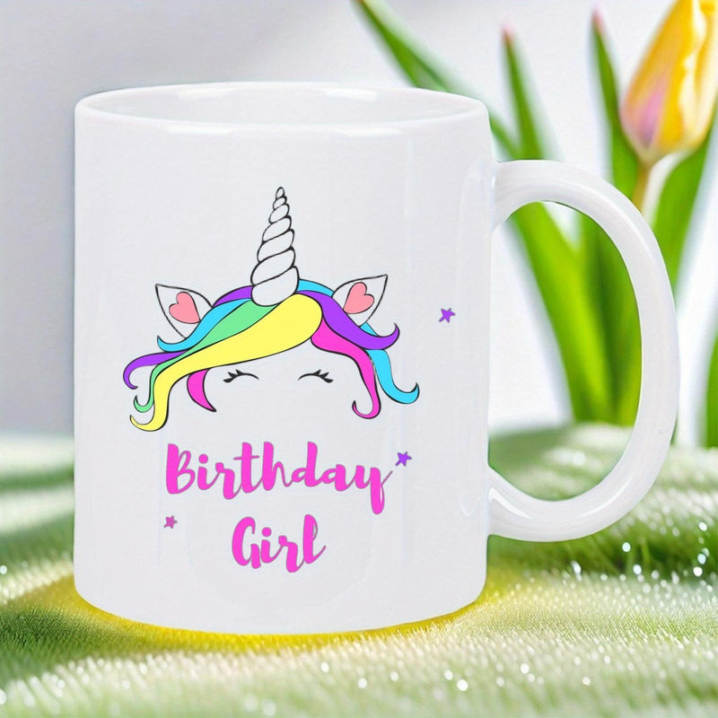 Tailorly White Ceramic 11 oz Mug - Birthday Girl Colorful Rainbow Mane With Magic Horn Among Purple Stars And Hearts Unicorn