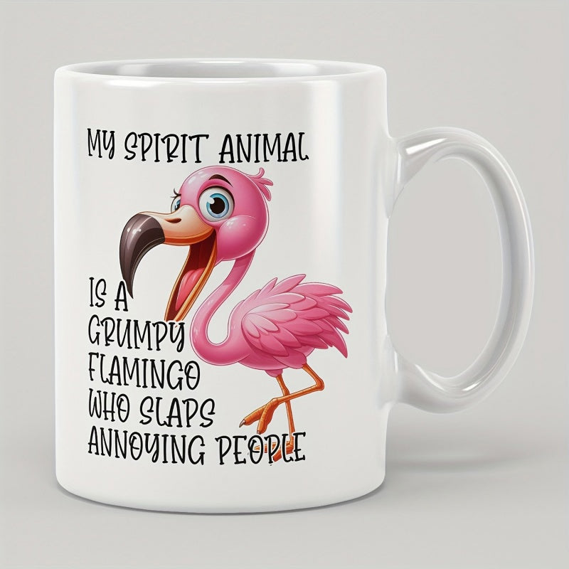 Tailorly White Ceramic 11 oz Mug - My Spirit Animal Is A Grumpy Flamingo Who Slaps Annoying People Vibrant Pink Cartoon Bird With Large Expressive Eyes Flamingo