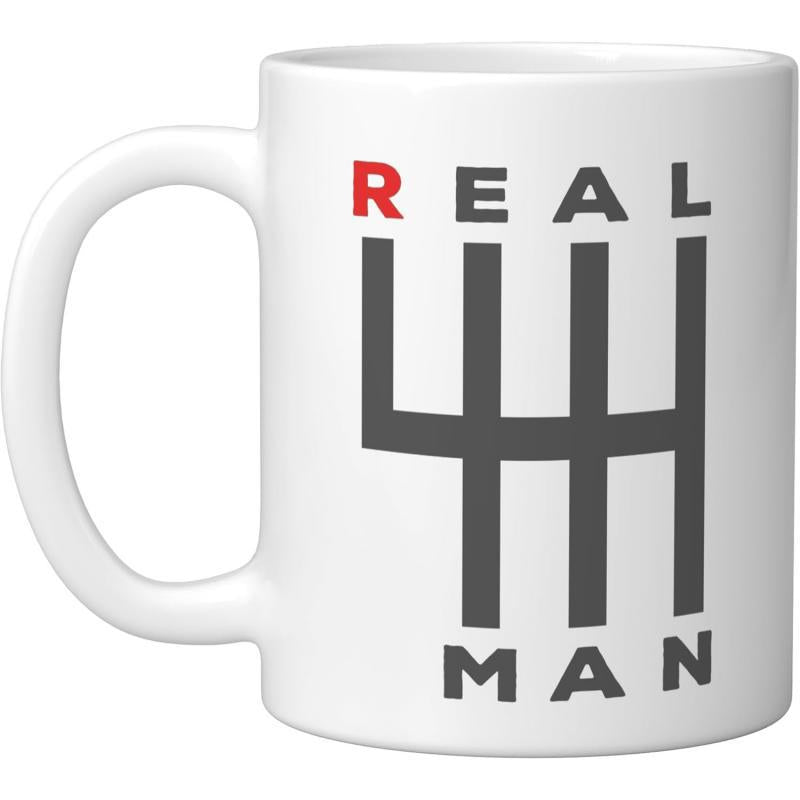 Tailorly White Ceramic 11 oz Mug - Real Man Six Speed Manual Transmission Pattern Integrated With Bold Automotive Typography Shifter