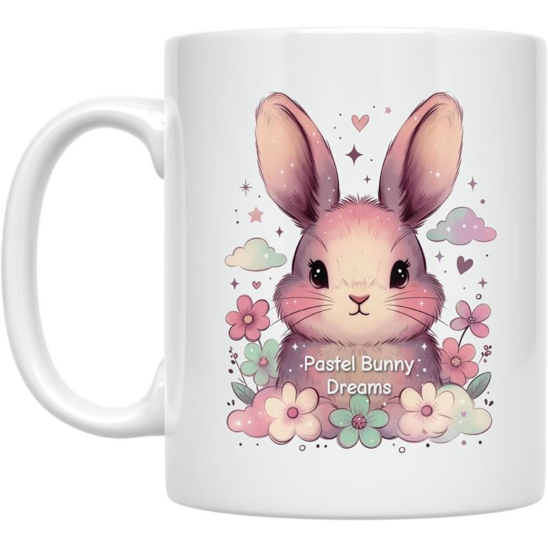 Tailorly White Ceramic 11 oz Mug - Pastel Bunny Dreams Soft Watercolor Aesthetic With Little Hearts And Colorful Garden Bunny