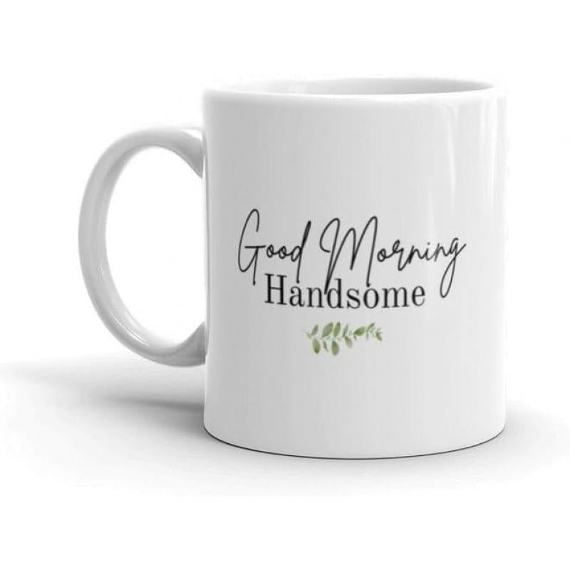 Tailorly White Ceramic 11 oz Mug - Good Morning Handsome Minimalist White Ceramic Vessel Featuring Delicate Green Leaves And Elegant Mug