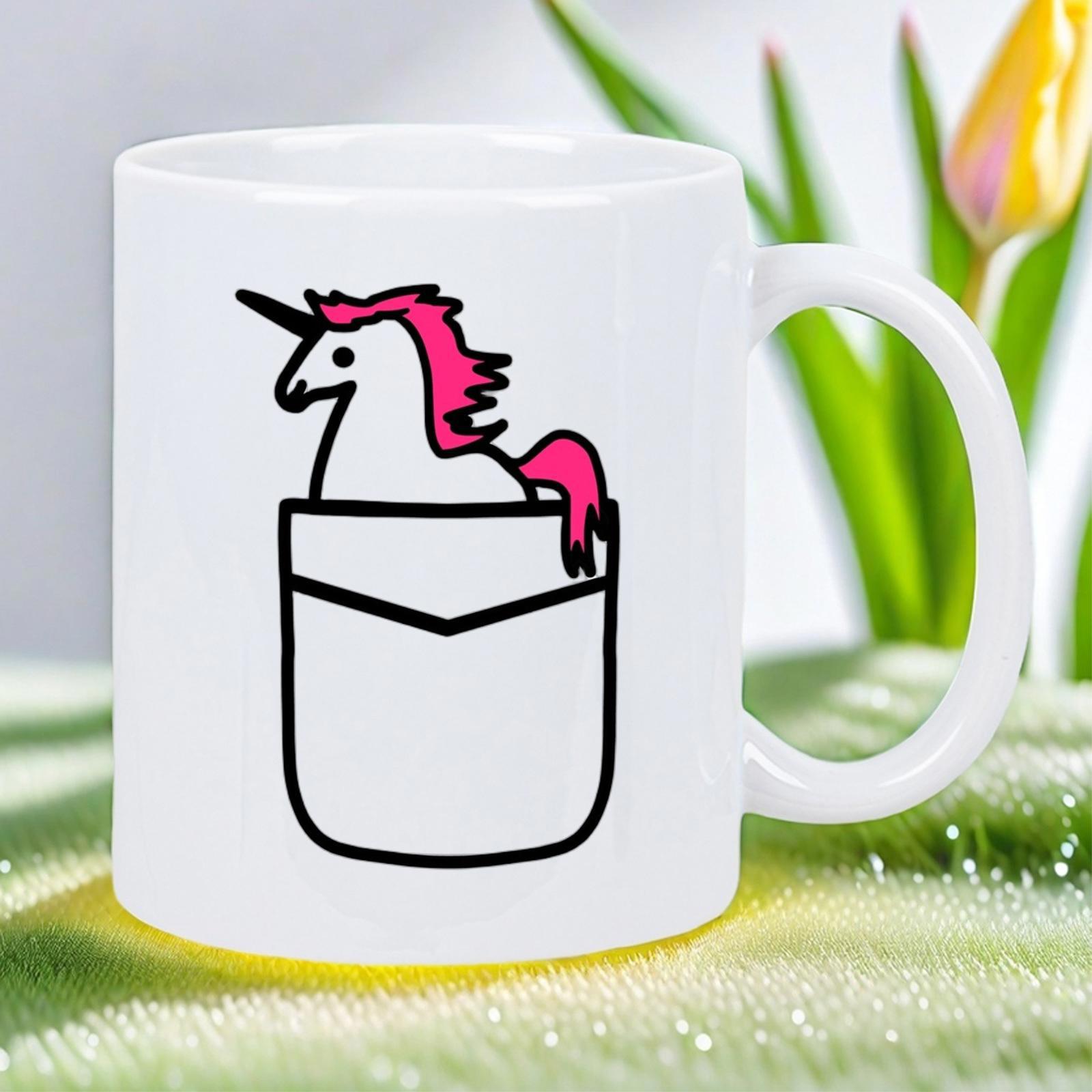 Tailorly White Ceramic 11 oz Mug - Minimalist Cartoon Style Magical Creature Peeking From Within A Small Pocket Unicorn