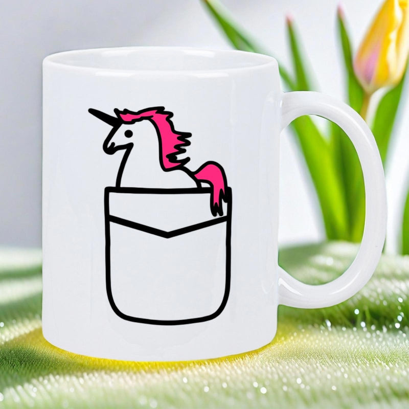 Tailorly White Ceramic 11 oz Mug - Minimalist Cartoon Style Magical Creature Peeking From Within A Small Pocket Unicorn