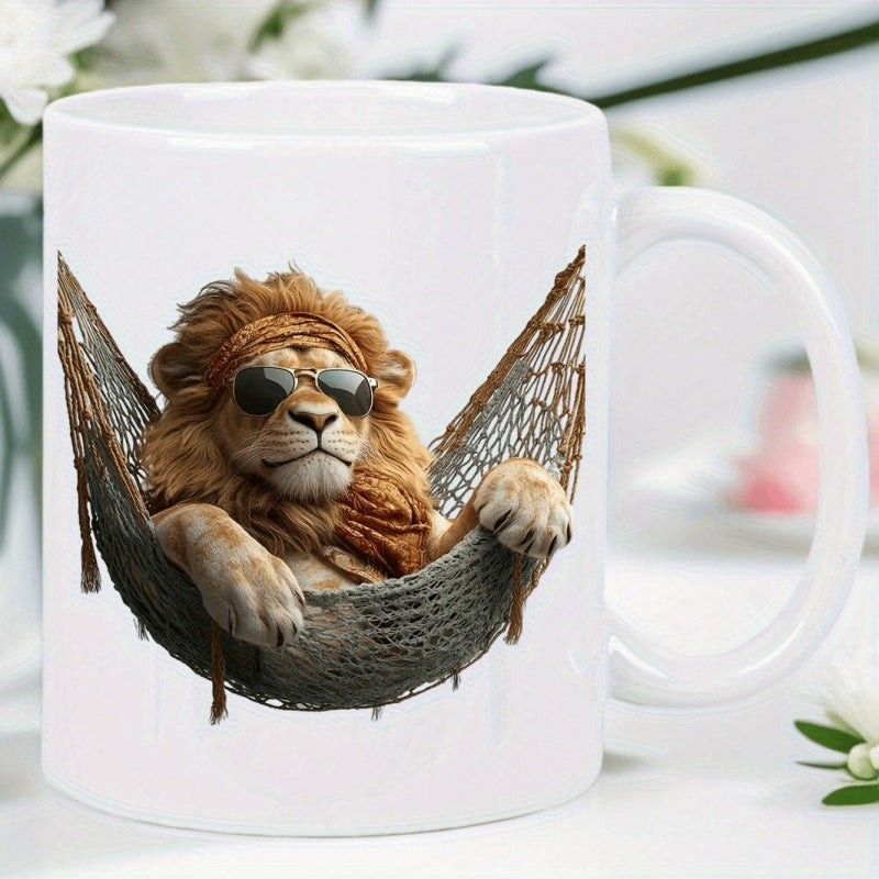 Tailorly White Ceramic 11 oz Mug - Majestic Relaxed Animal Wearing Sunglasses Resting Comfortably Within A Woven Net Lion