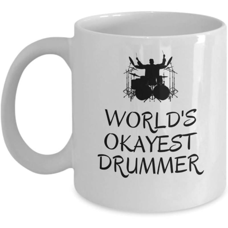 Tailorly White Ceramic 11 oz Mug - Worlds Okayest Drummer Silhouette Of A Musician With Multiple Arms Playing Musical Instrument Drummer