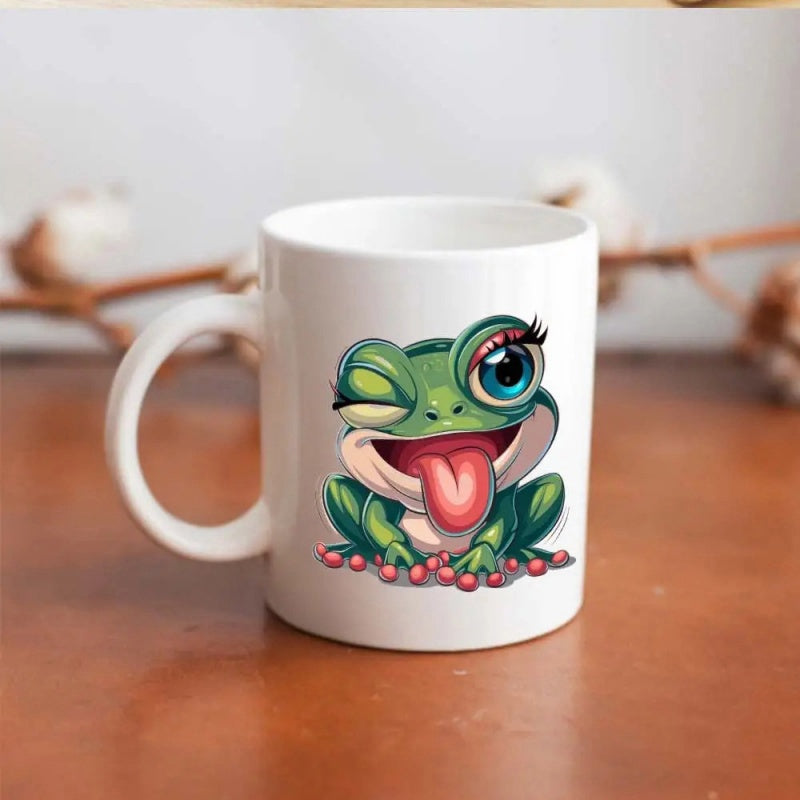 Tailorly White Ceramic 11 oz Mug - Playful Winking Green Amphibian With Long Eyelashes And Expressive Tongue Frog