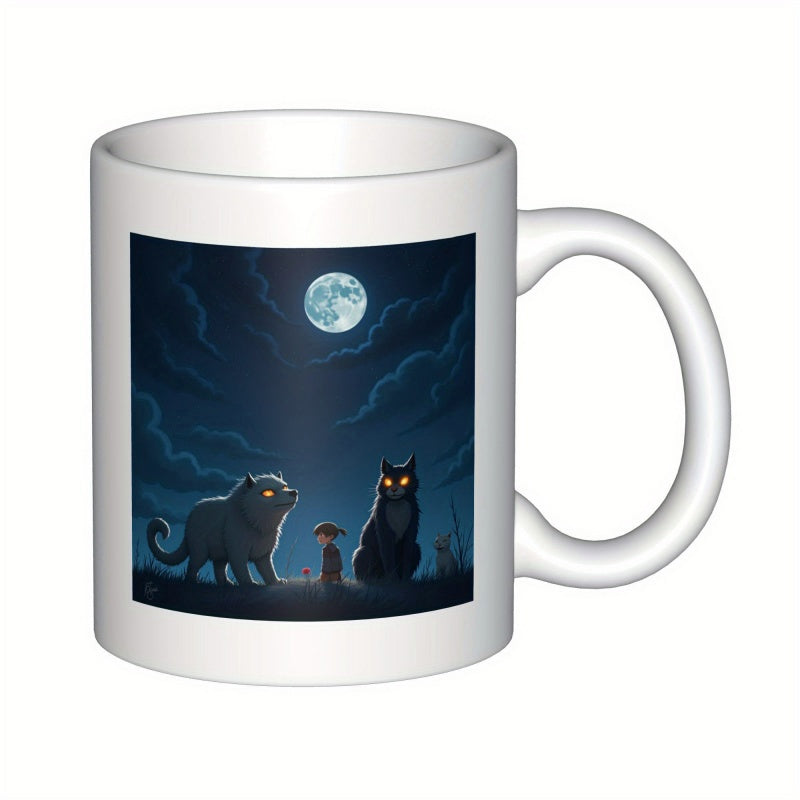 Tailorly White Ceramic 11 oz Mug - Mysterious Cloudy Sky Under Glowing Full Moon With Two Large Shadowy Cat