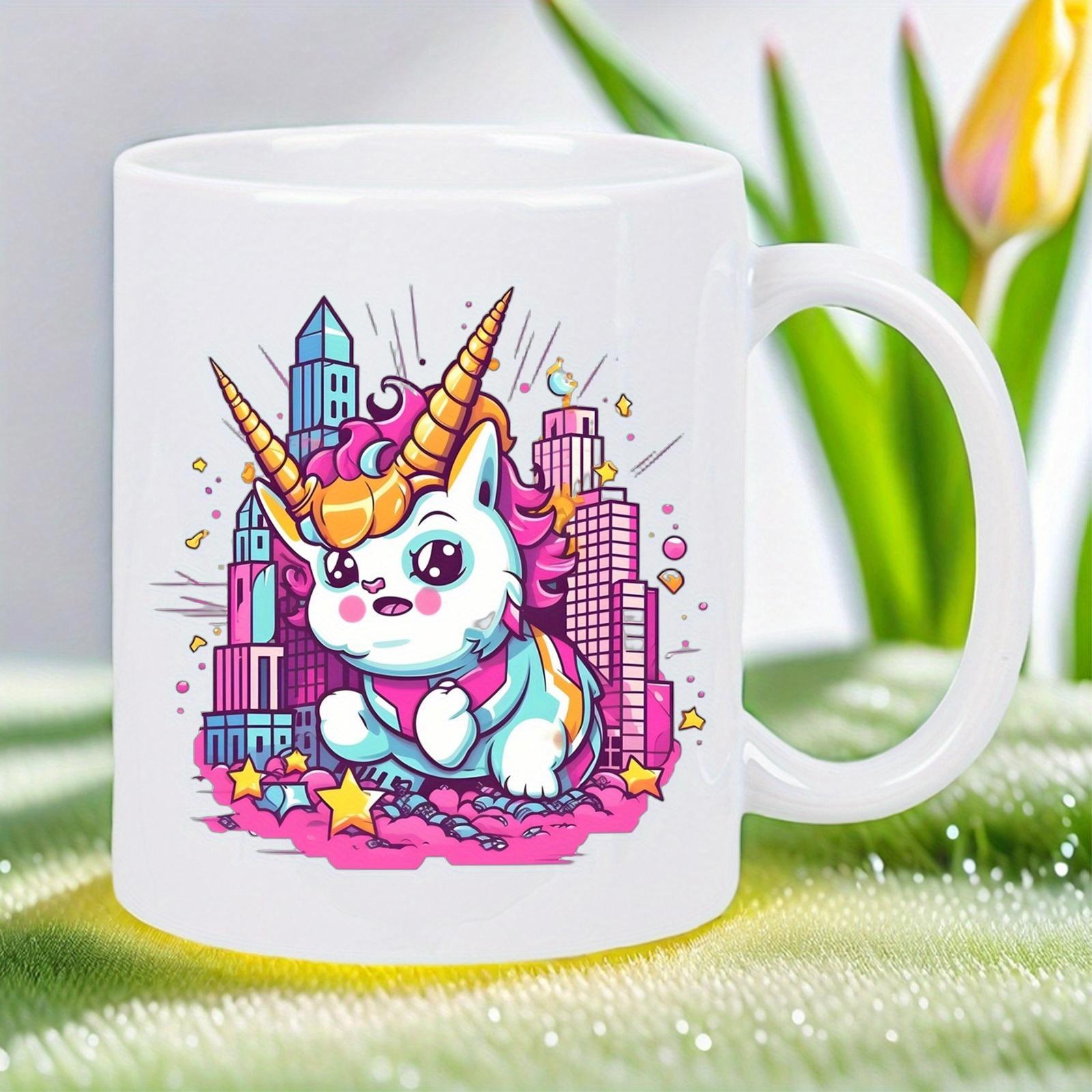 Tailorly White Ceramic 11 oz Mug - Vibrant Pink Cityscape Background With Cute Celestial Monster Wearing Golden Horn Unicorn