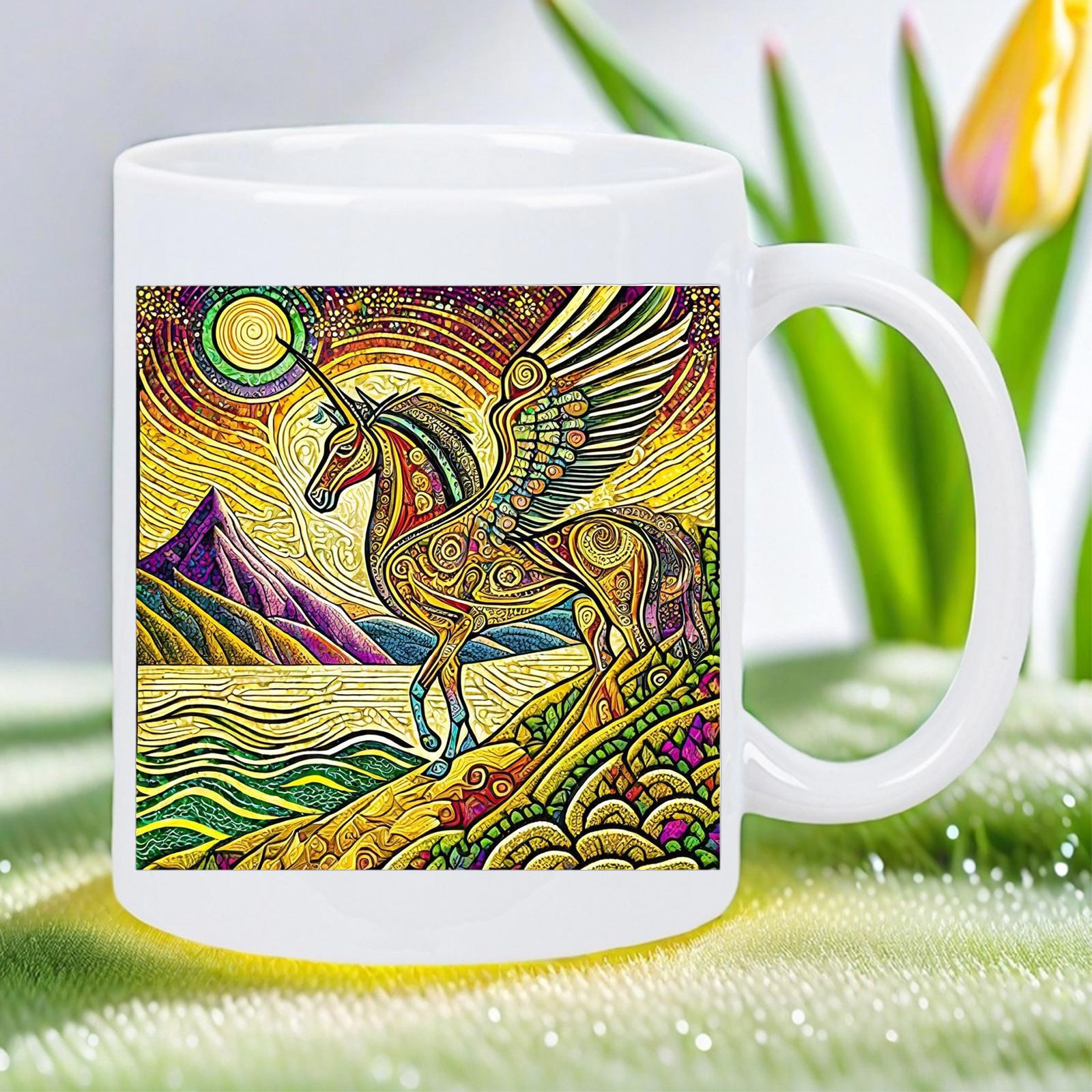 Tailorly White Ceramic 11 oz Mug - Majestic Golden Winged Creature Standing On Scenic Mountain Landscape Near Sun Unicorn