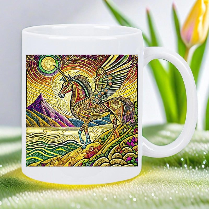 Tailorly White Ceramic 11 oz Mug - Majestic Golden Winged Creature Standing On Scenic Mountain Landscape Near Sun Unicorn