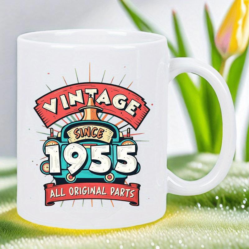 Tailorly White Ceramic 11 oz Mug - Vintage Since 1955 All Original Parts Classic Retro Automotive Front With Colorful Rays And Red Decorative Banners Car