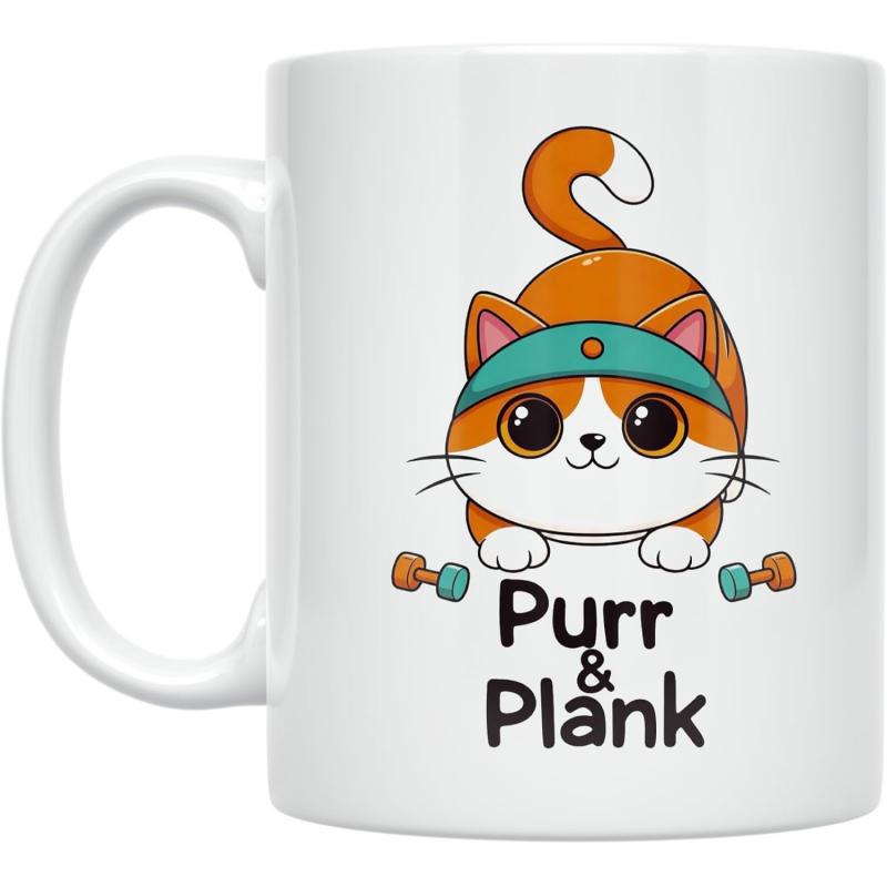 Tailorly White Ceramic 11 oz Mug - Purr Plank Adorable Orange Kitten Wearing Teal Headband And Holding Tiny Dumbbells Cat