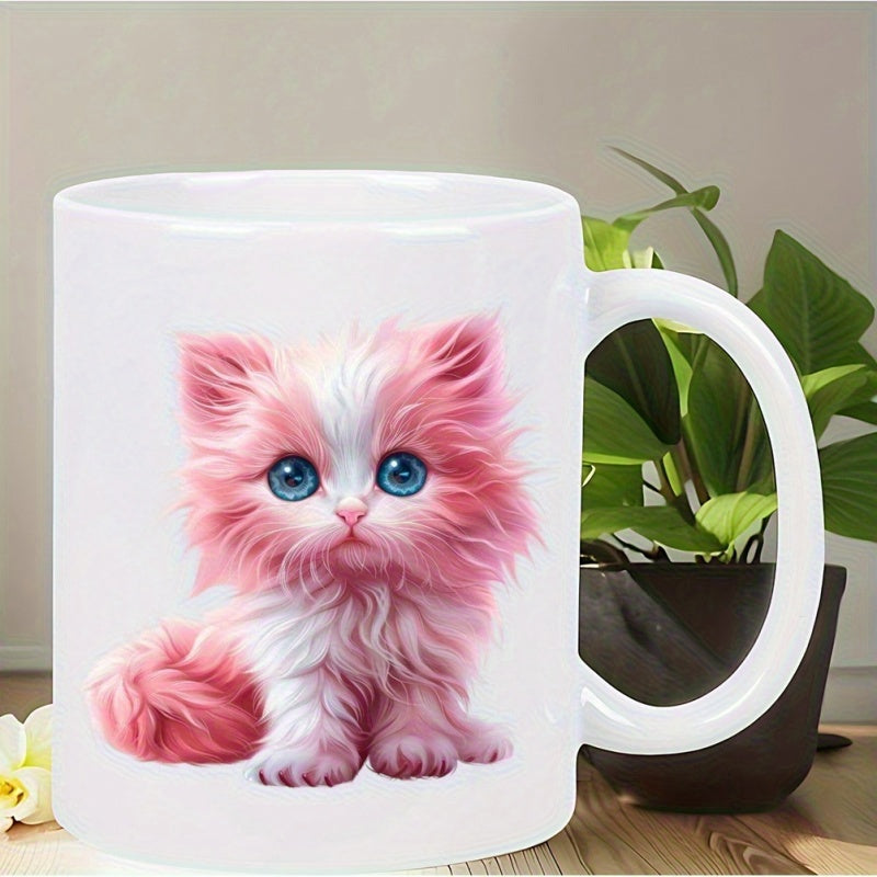 Tailorly White Ceramic 11 oz Mug - Adorable Pink And White Fluffy With Big Blue Eyes Sitting Sweetly Kitten