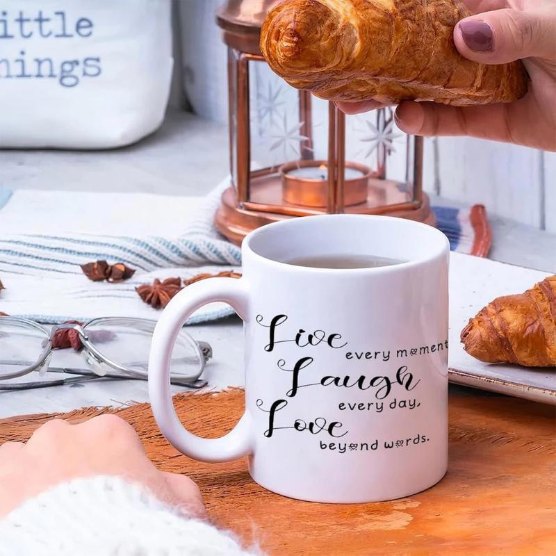 Tailorly White Ceramic 11 oz Mug - Live Every Moment Laugh Every Day Love Beyond Words Minimalist Script Typography Ceramic Mug