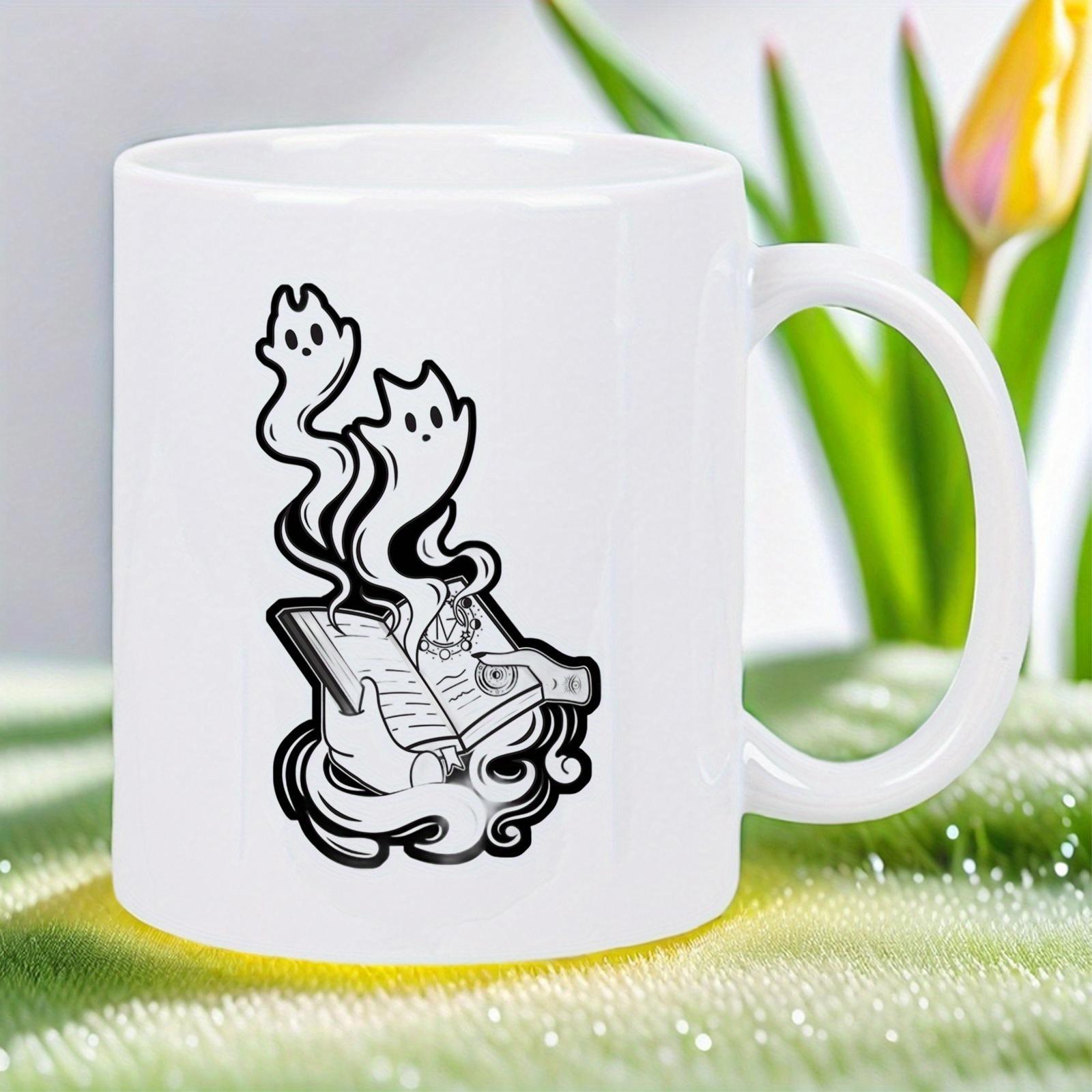 Tailorly White Ceramic 11 oz Mug - Whimsical Spirits Rising From An Open Mystical Magic Book Held By Hands Cat