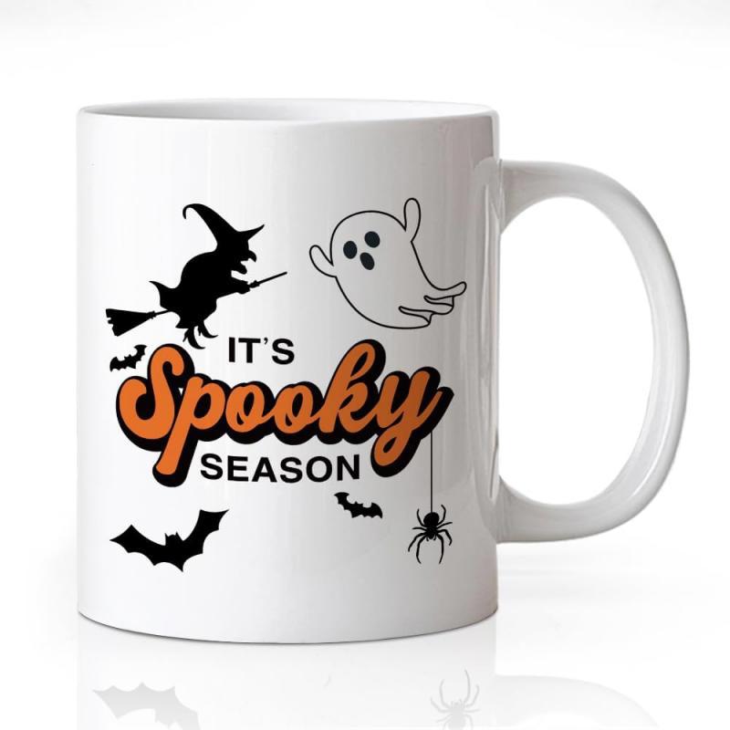 Tailorly White Ceramic 11 oz Mug - Its Spooky Season Flying Witch With Friendly Ghost And Bats Near Hanging Spider Mug