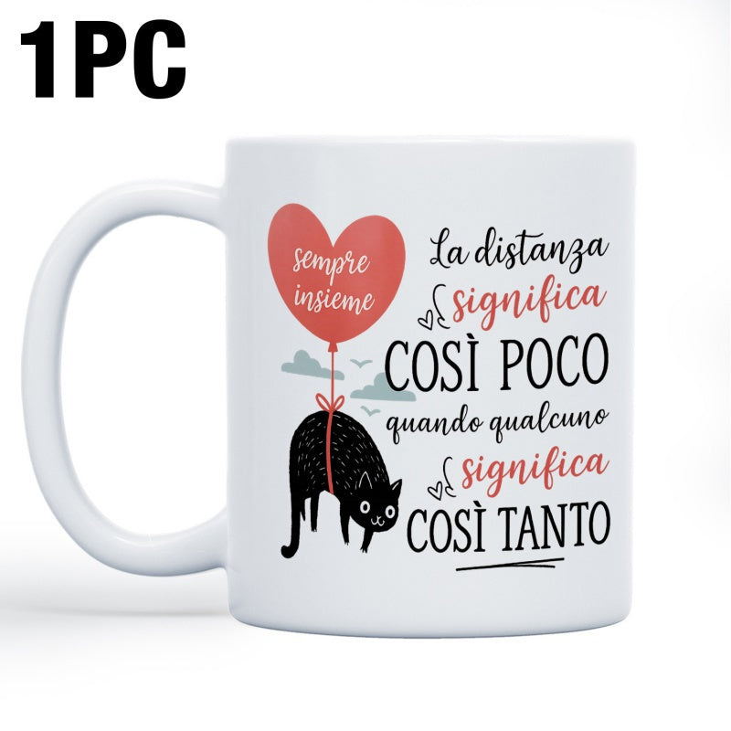 Tailorly White Ceramic 11 oz Mug - Minimalist Style Black Feline Floating With Large Red Heart Balloon Cat
