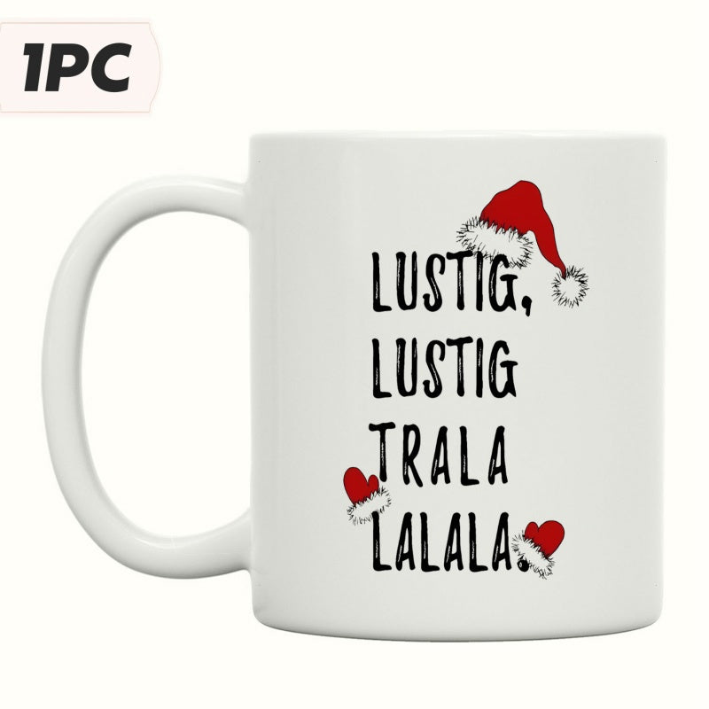 Tailorly White Ceramic 11 oz Mug - Festive Red Santa Hat Above Cheerful Script Surrounded By Little Hearts Mug