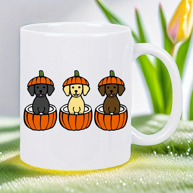 Tailorly White Ceramic 11 oz Mug - Three Adorable Cartoon Puppies Sitting Inside Carved Halloween Pumpkins With Hats Puppies