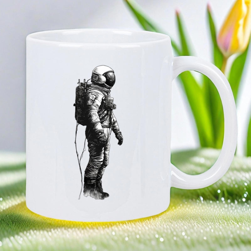 Tailorly White Ceramic 11 oz Mug - Realistic Detailed Sketch Of A Standing Spaceman Exploring Deep Outer Space Astronaut