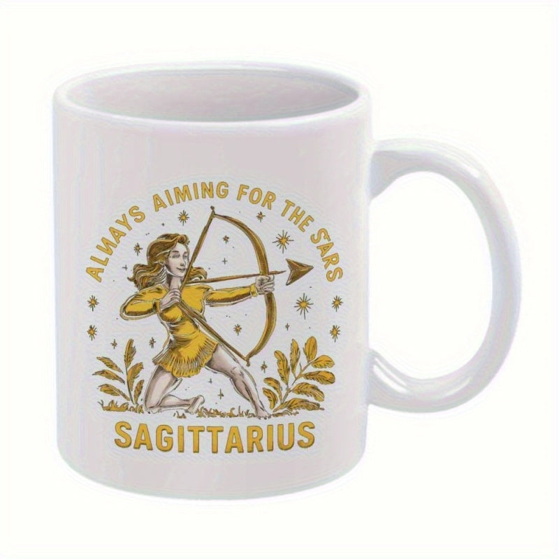 Tailorly White Ceramic 11 oz Mug - Always Aiming For The Stars Sagittarius Graceful Female Archer Aiming A Golden Bow Among Celestial Shining Stars Archer