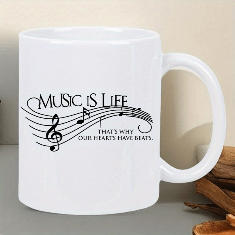 Tailorly White Ceramic 11 oz Mug - Music Is Life Thats Why Our Hearts Have Beats Elegant Musical Staff With Flowing Notes And A Graceful Treble Clef