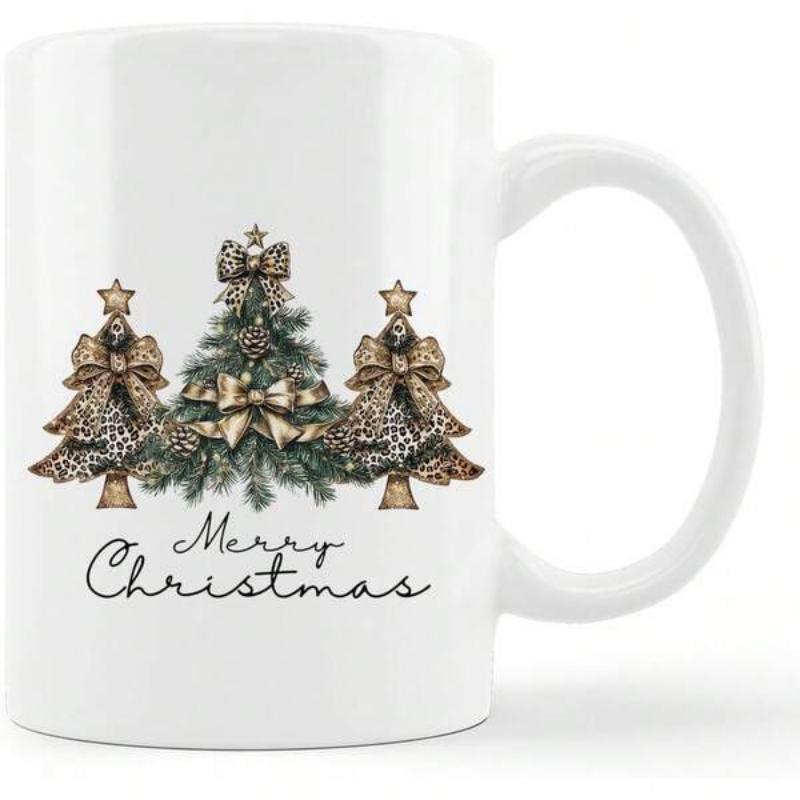 Tailorly White Ceramic 11 oz Mug - Merry Christmas Elegant Leopard Pattern Trees With Golden Bows And Sparkling Stars Tree