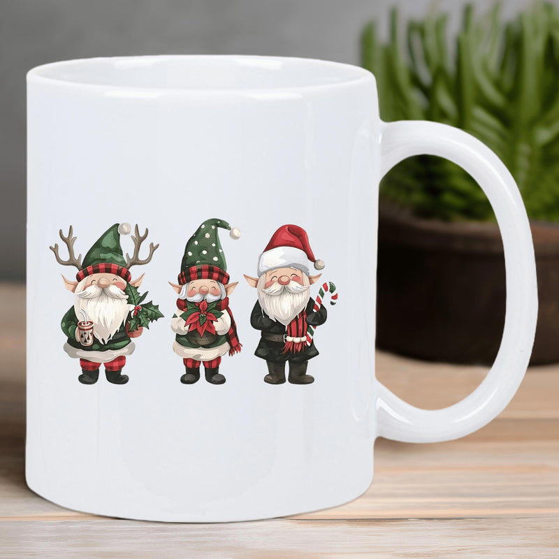 Tailorly White Ceramic 11 oz Mug - Festive Christmas Characters Wearing Reindeer Antlers And Holding Seasonal Candy Cane Gnomes