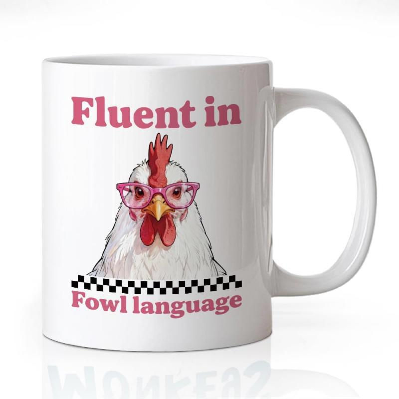 Tailorly White Ceramic 11 oz Mug - Fluent In Fowl Language Whimsical White Chicken Wearing Pink Glasses Above Decorative Checkered Pattern Chicken