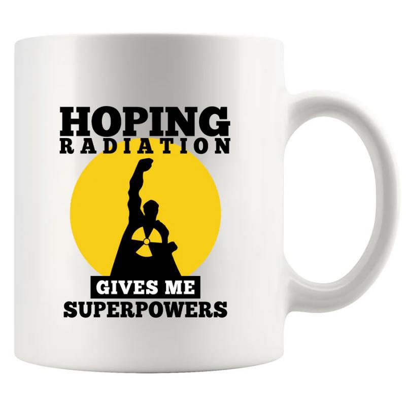 Tailorly White Ceramic 11 oz Mug - Hoping Radiation Gives Me Superpowers Strong Silhouette Standing Against Yellow Sun With Radiant Hazardous Glowing Core