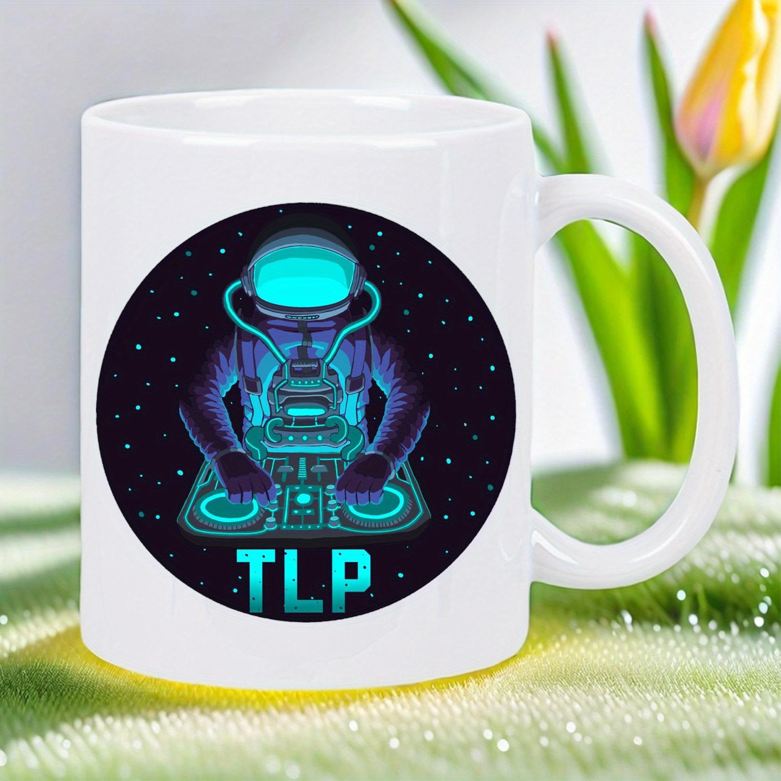 Tailorly White Ceramic 11 oz Mug - TLP Neon Space DJ Mixing Tracks On Glowing Futuristic Digital Turntables Astronaut