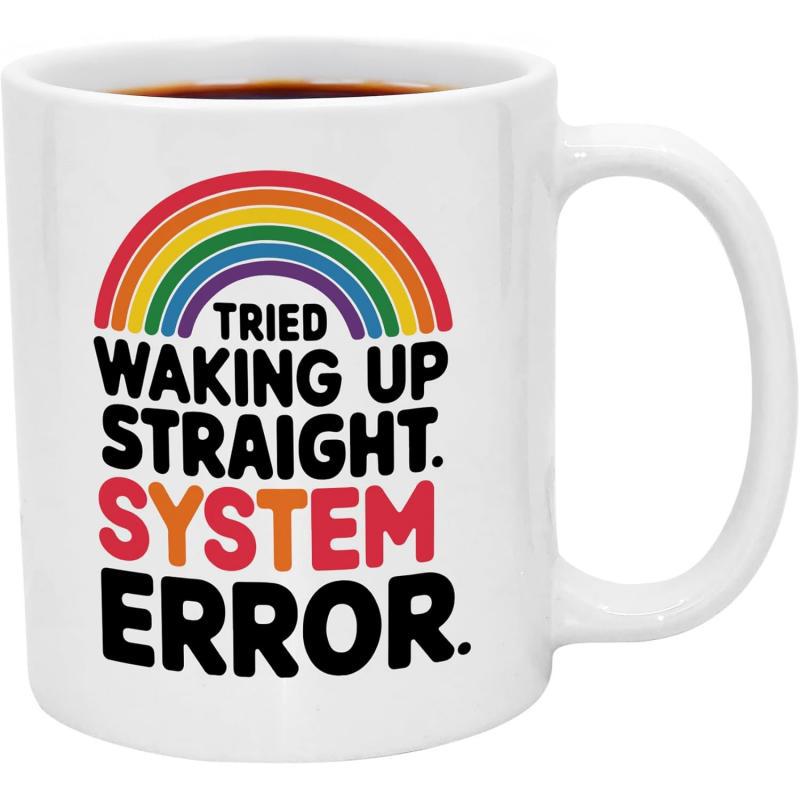 Tailorly White Ceramic 11 oz Mug - Tried Waking Up Straight System Error Vibrant Multi Colored Arched Rainbow Above Bold Playful Humorous Typography Rainbow