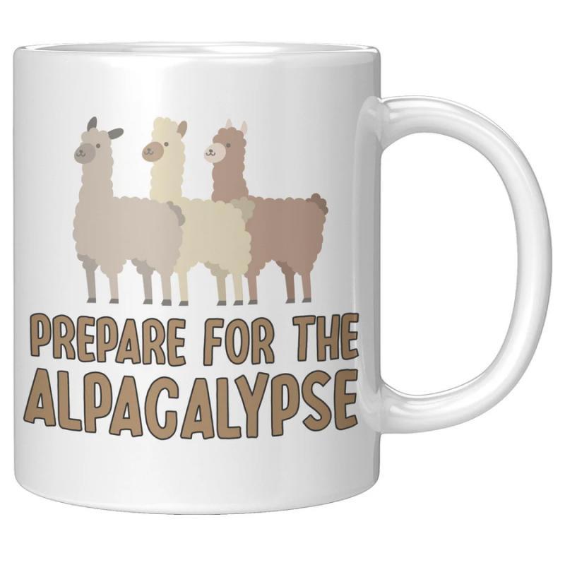 Tailorly White Ceramic 11 oz Mug - Prepare For The Alpacalypse Three Cute Cartoon Alpacas In Neutral Tones Standing Together Alpaca