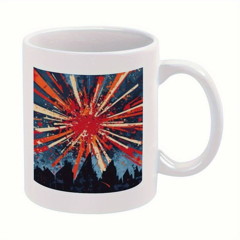 Tailorly White Ceramic 11 oz Mug - Abstract Vibrant Red Sunburst Exploding Above Dark Mountain Silhouette Artistic Textured Explosion