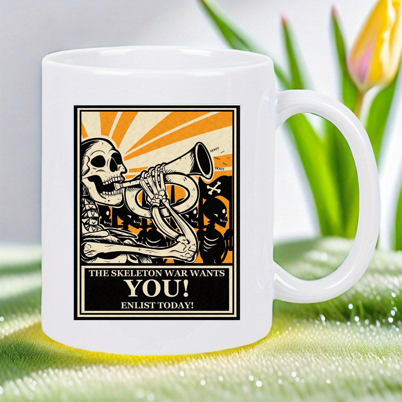 Tailorly White Ceramic 11 oz Mug - The Skeleton War Wants You Enlist Today Vintage Propaganda Style With Bugle Blowing Undead Warrior Under Radiant Sun Skeleton