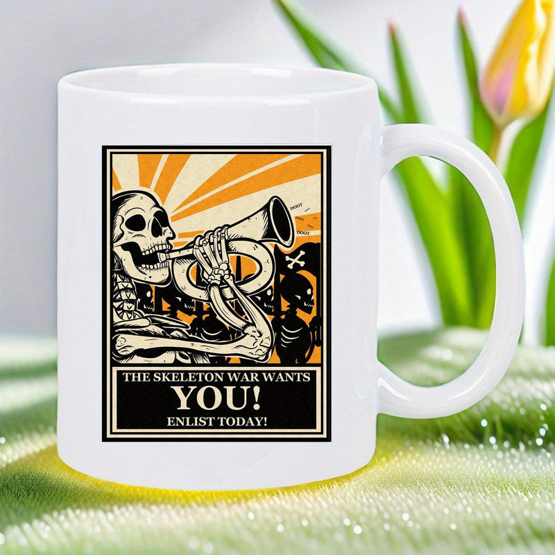 Tailorly White Ceramic 11 oz Mug - The Skeleton War Wants You Enlist Today Vintage Propaganda Style With Bugle Blowing Undead Warrior Under Radiant Sun Skeleton